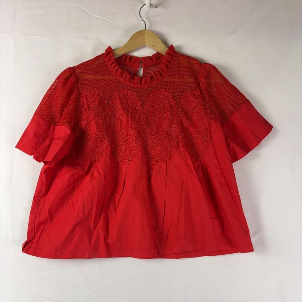 Unknown Red Crochet Yoke Short-Sleeve Top